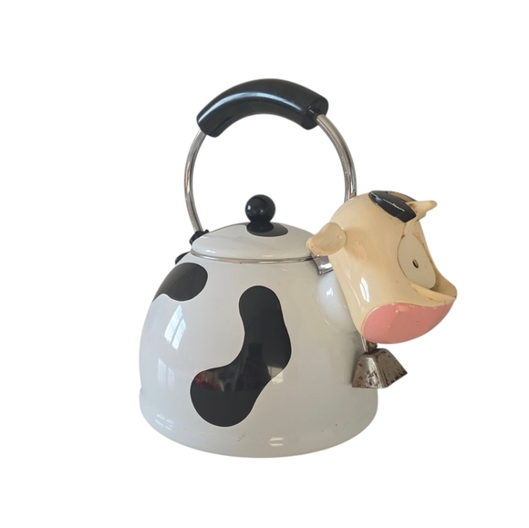 1992 M.K. Kamenstein Whistling 2 Quart Black and White Cow Tea Kettle with Bell - Picture 7 of 12